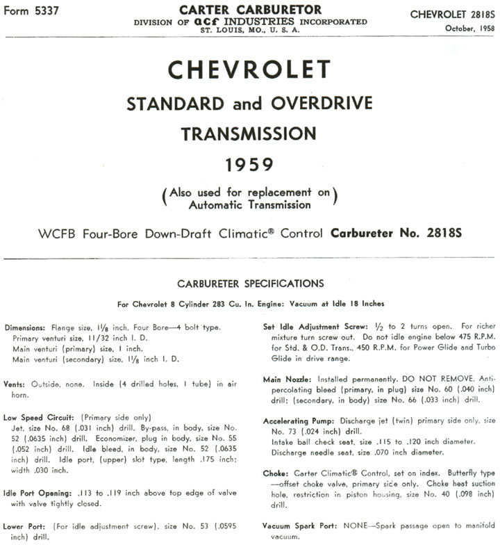 1959 Corvette Carter Carburetor Specifications
