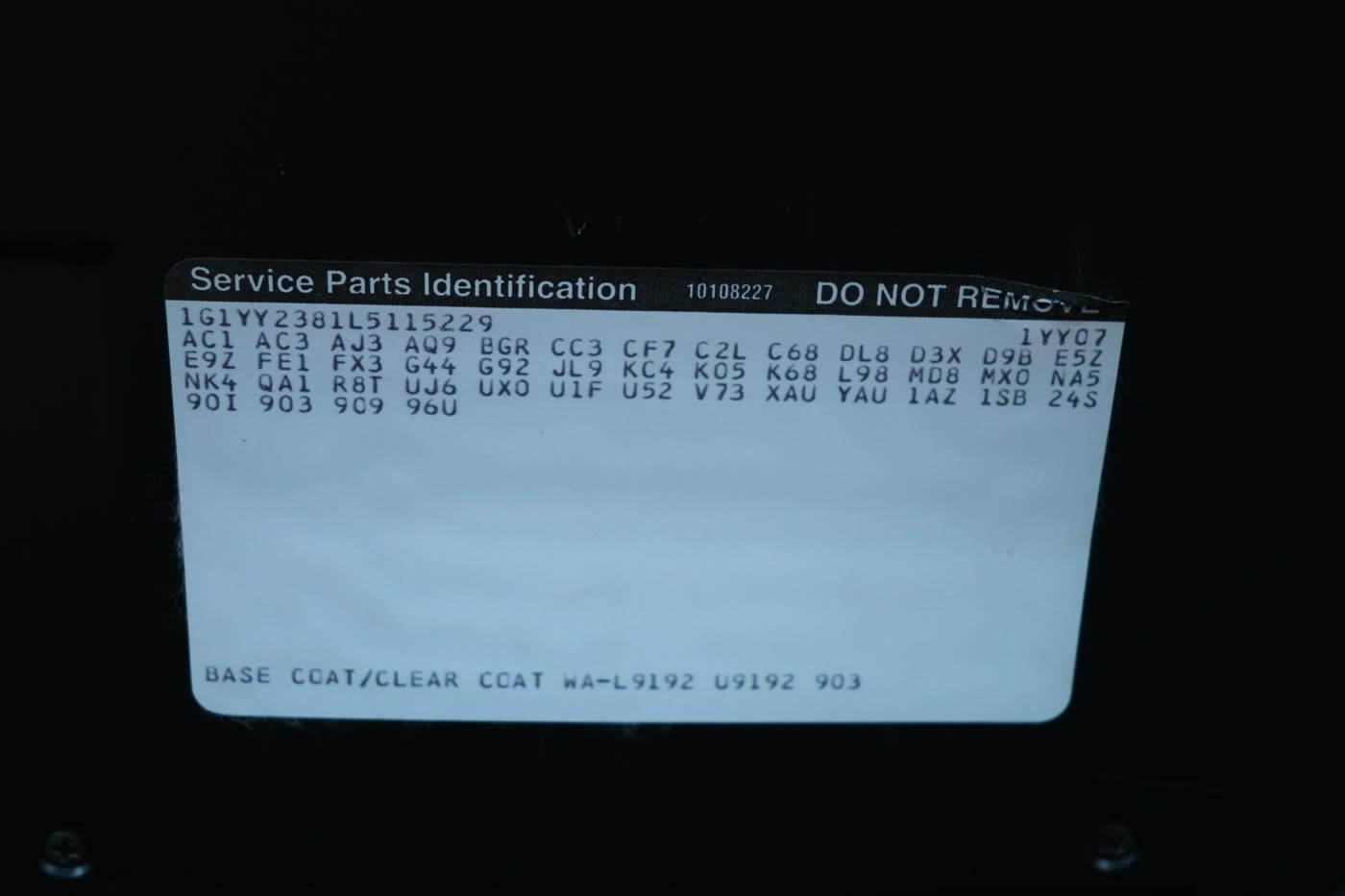 1990 Corvette Build Sticker showing RPO codes.