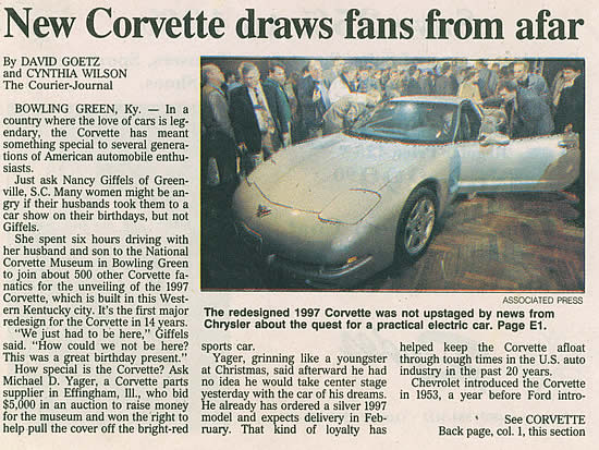 The following article on the 1997 Corvette introduction appeared in the Courier Journal, Louisville, Kentucky, Tuesday, January 7, 1997.