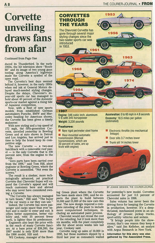 The following article on the 1997 Corvette introduction appeared in the Courier Journal, Louisville, Kentucky, Tuesday, January 7, 1997.