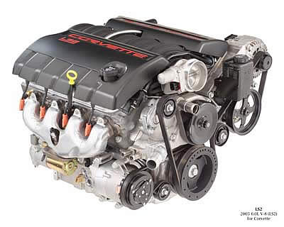 This is the LS2, in C6 trim. The same engine, in slightly different dress, will, also, be used in the 2005 Chevy SSR.<br />Image:  GM Communications