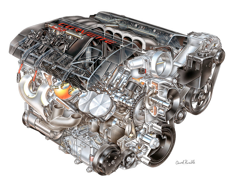 No Corvette engine story would be complete without a Kimble cutaway drawing. This art is beautiful.<br />Drawing:  David Kimble/GMPT Communications.