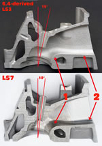 Top is the LS3 descendant of the 6.4 head and bottom is the LS7 head.  They were photographed from slightly different angles so, due to an illusion, the LS7 port size doesn't seem as large as the 6.4's but it is. The key features of these two images are the difference in valve angles along with: 1) the contour of the short turn radius of each head and how the LS7's more developed short turn improves air flow and 2) the height of the LS7's port floor and how the port entry is raised up above that of the Six-Four.
