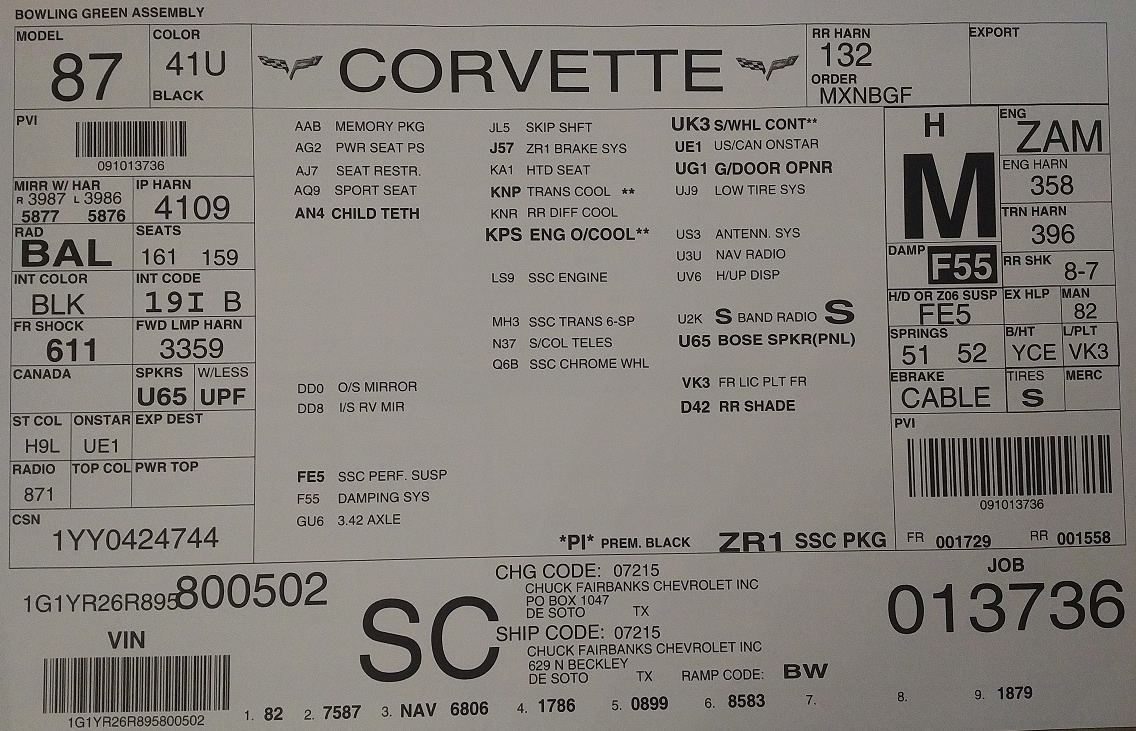 2009 Corvette ZR1 - Number 502 Build Sheet