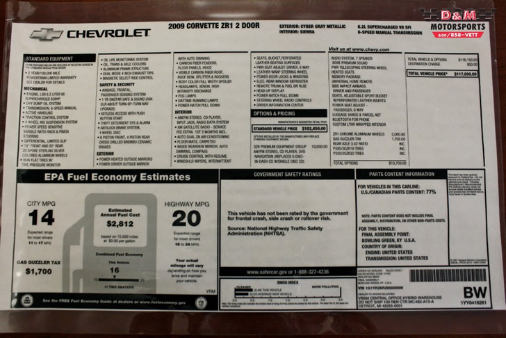 2009 Corvette ZR1 #009 Window Sticker
