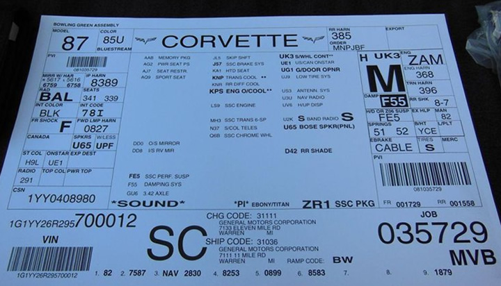 2009 Corvette ZR1 Pre-Production #12 Build Sheet