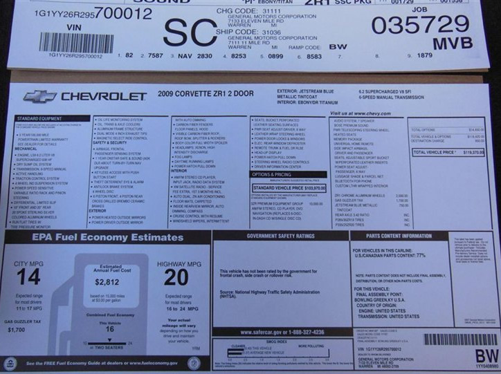 2009 Corvette ZR1 Pre-Production #12 Window Sticker