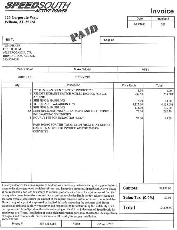 2010 Corvette ZR1 #183 Modification Invoice