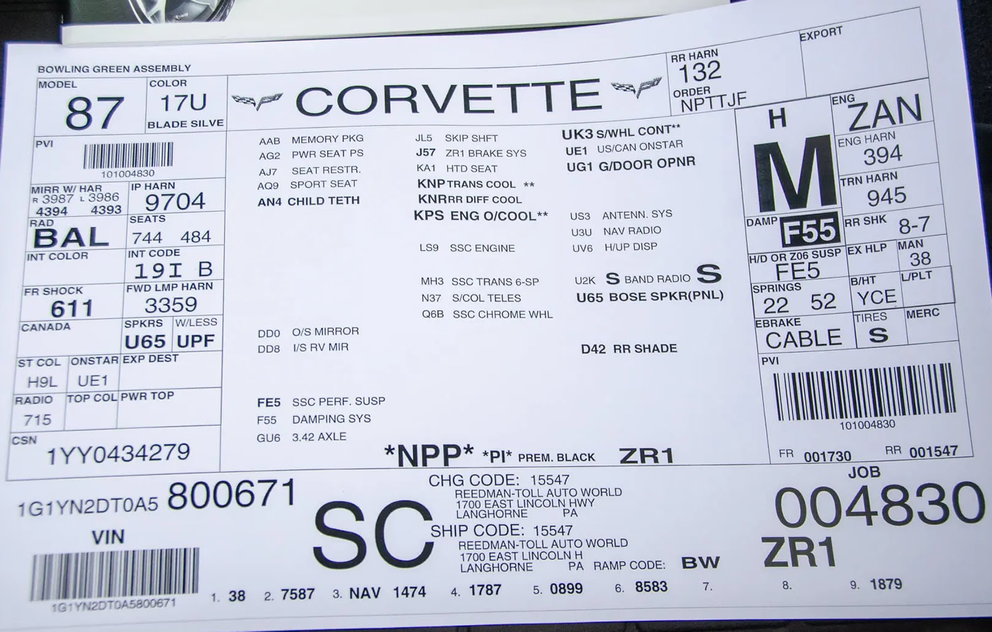 2010 Corvette ZR1 - Number 671 - Build Sheet