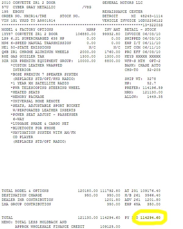 2010 ZR1 #1514 Invoice