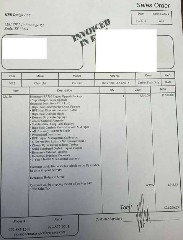 2012 Corvette ZR1 Centennial Edition #318 Hennessey 750 hp Package Invoice