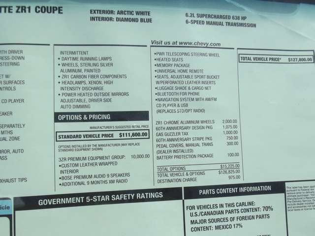 2013 Corvette ZR1 #129 Window Sticker