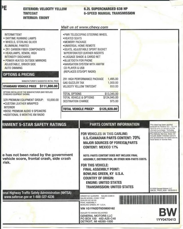 2013 Corvette ZR1 - Number 162 - Window Sticker 2013 Corvette ZR1 - Number 162 - Window Sticker