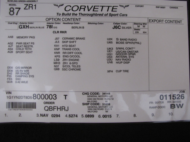 2013 Corvette ZR1 Number 3 Build Sheet