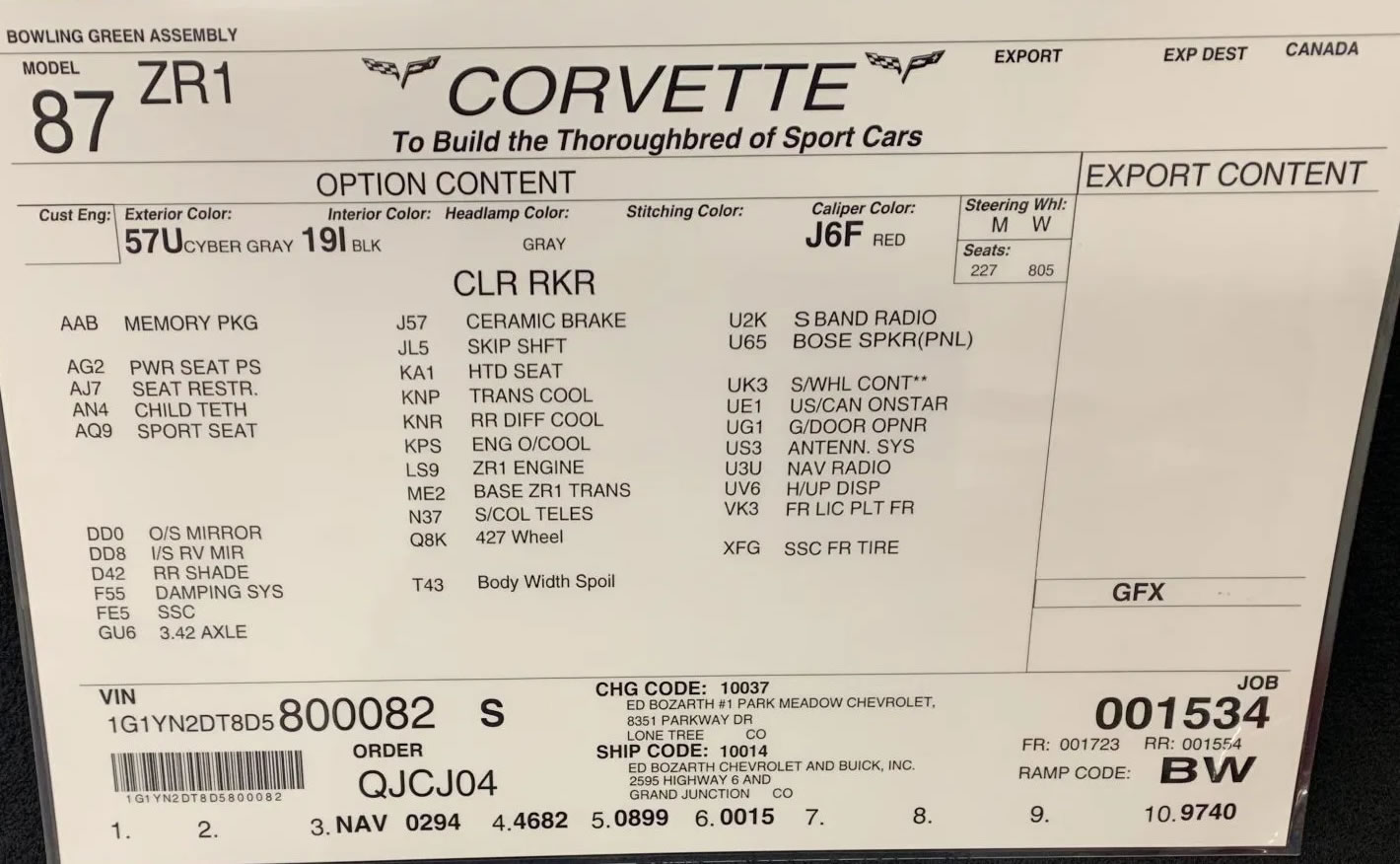 2013 Corvette ZR1 - Number 82 - Build Sheet