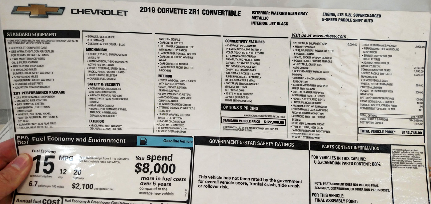 2019 Corvette ZR1 Convertible - Number 135 - Window Sticker
