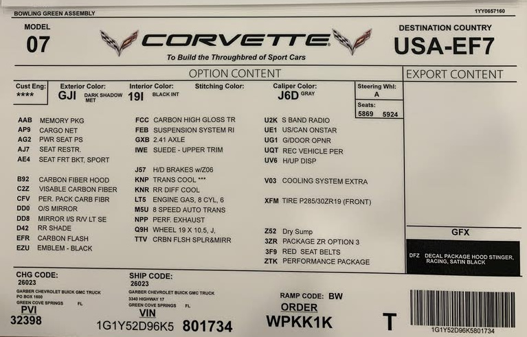 2019 Corvette ZR1 - Number 1734 - Build Sheet 2019 Corvette ZR1 - Number 1734 - Build Sheet