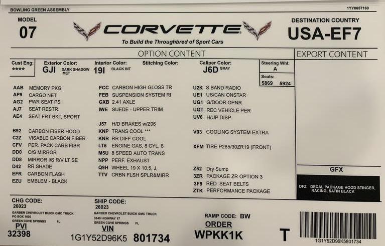 2019 Corvette ZR1 - Number 1734 - Build Sheet