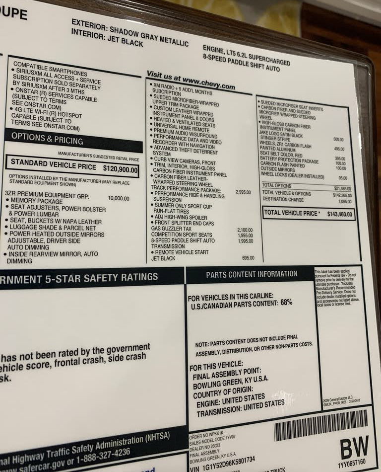 2019 Corvette ZR1 - Number 1734 - Window Sticker 2019 Corvette ZR1 - Number 1734 - Window Sticker