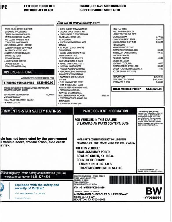 2019 Corvette ZR1 - Number 1886 - Window Sticker