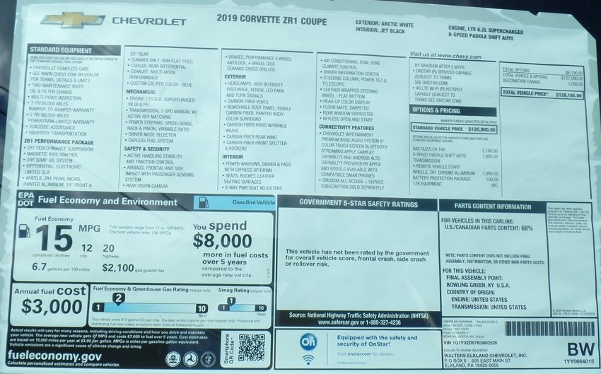 2019 Corvette ZR1 - Number 2526 - Window Sticker 2019 Corvette ZR1 - Number 2526 - Window Sticker