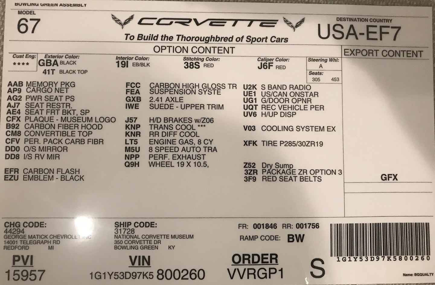 2019 Corvette ZR1 - Number 260 - Build Sheet