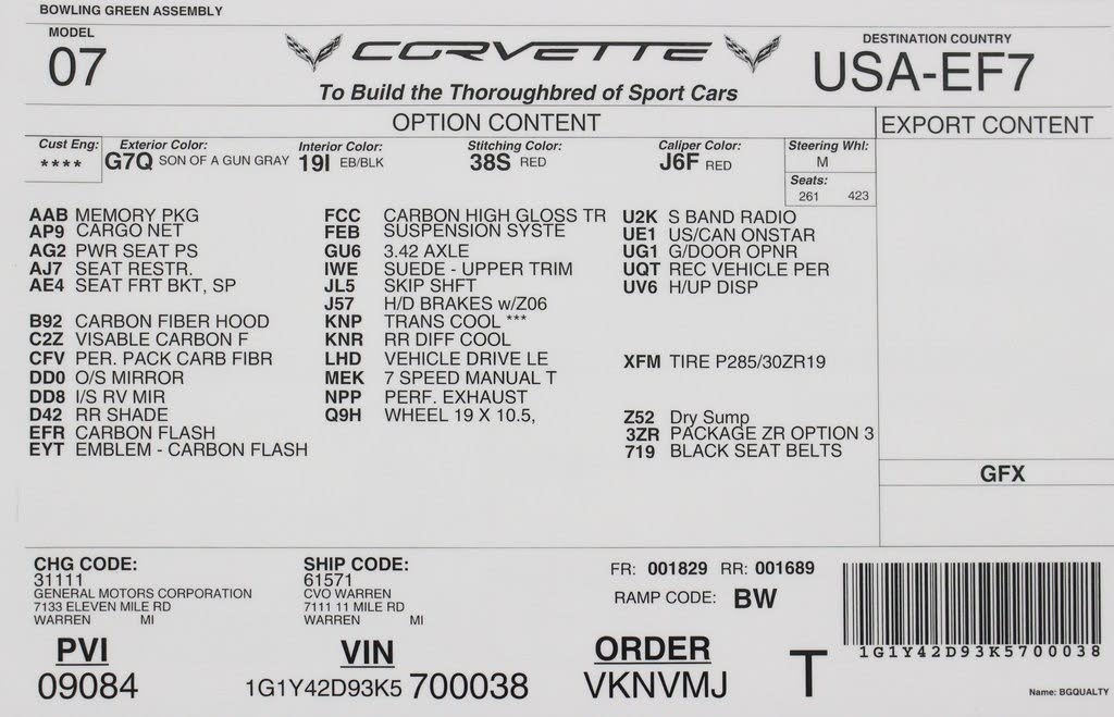 2019 Corvette ZR1 - Number 38 - Build Sheet