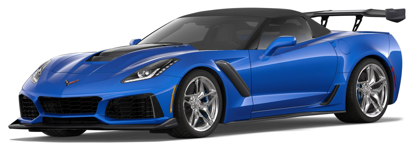 2019 Corvette ZR1 Convertible in Elkhart Blue Metallic with the ZTK Track Performance Package, Chrome Wheels and Gray Top