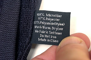 Microfiber towels from reputable sources will have a tag attached listing the specs of the material. This is one of Cal Car Duster's Plush Towels which is a 67/33 mix of polyester and nylon.