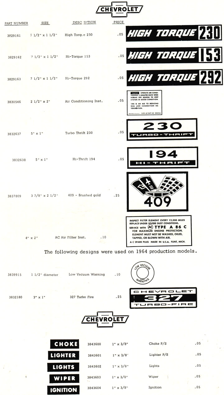 1956 - 1965 Corvette OEM Decals - Part Numbers