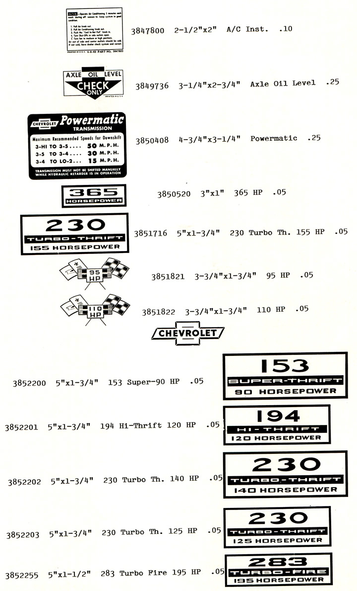 1956 - 1965 Corvette OEM Decals - Part Numbers