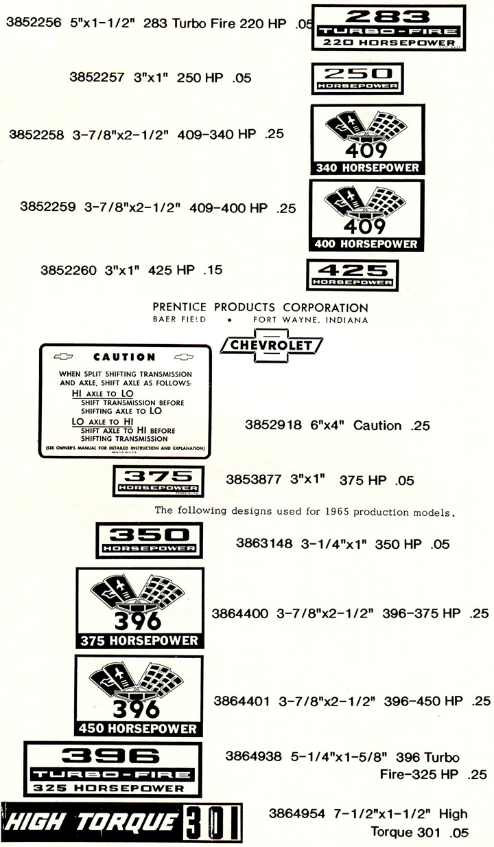 1956 - 1965 Corvette OEM Decals - Part Numbers