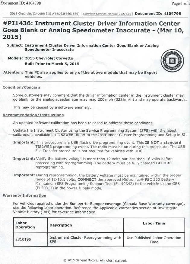 2015 Corvette - Instrument Cluster Driver Information Center Goes Blank or Analog Speedometer Inaccurate 2015 Corvette - Instrument Cluster Driver Information Center Goes Blank or Analog Speedometer Inaccurate