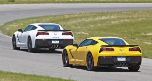 2014 C7 Corvette Stingrays on the track. Image: GM Communications