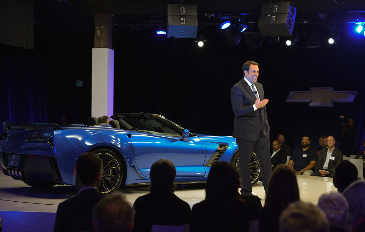 General Motors Product Development Chief Mark Reuss introduces the 2015 Chevrolet Corvette Z06 Convertible Tuesday, April 15, 2014 at a special event in New York City. The all-new, 2015 Corvette Z06 offers at least 625 hp, 0-60 acceleration in under 3.5 seconds, true aerodynamic downforce, and available performance hardware including carbon-ceramic brakes and Michelin Pilot Sport Cup tires. (Photo by Steve Fecht for Chevrolet)