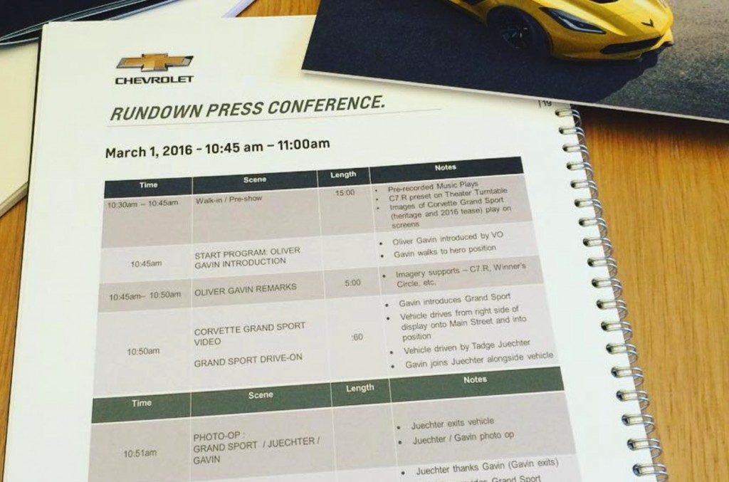 Oliver Gavin's Itinerary showing the unveiling of the C7 Corvette Grand Sport at the Geneva Motor Show.