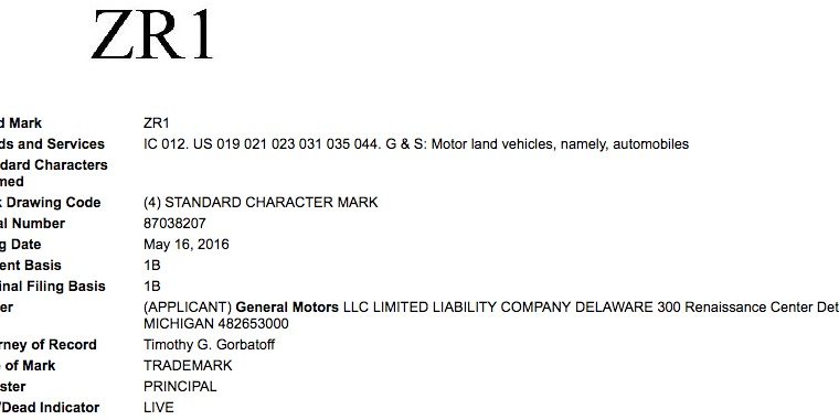 ZR1 Trademark filed by GM