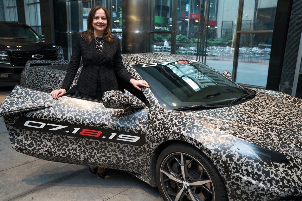General Motors Chairman and CEO Mary Barra and a camouflaged next generation Chevrolet Corvette Thursday, April 11, 2019 in New York, New York. The next generation Corvette will be unveiled on July 18. (Photo by Todd Plitt for Chevrolet)
