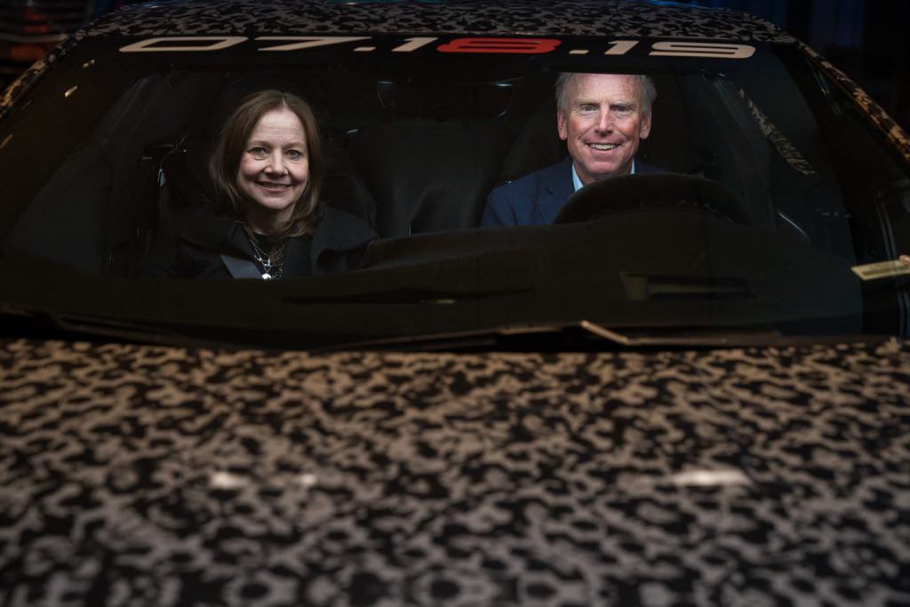 General Motors Chairman and CEO Mary Barra and Corvette Chief Engineer Tadge Juechter inside a camouflaged next generation Chevrolet Corvette Thursday, April 11, 2019 in New York, New York. The next generation Corvette will be unveiled on July 18. (Photo by Todd Plitt for Chevrolet)