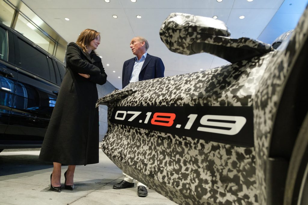 General Motors Chairman and CEO Mary Barra and Chevrolet Corvette Chief Engineer Tadge Juechter Thursday, April 11, 2019 with a camouflaged next generation Chevrolet Corvette in New York, New York. The next generation Corvette will be unveiled on July 18. (Photo by Steve Fecht for Chevrolet)