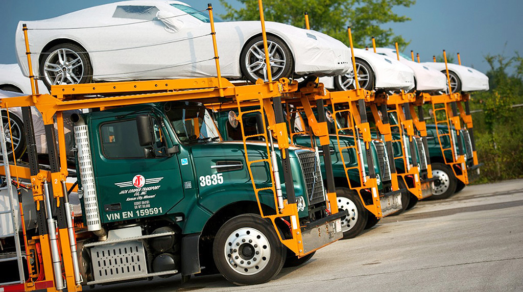 Jack Cooper Transport Company with C7 Corvettes ready for delivery.