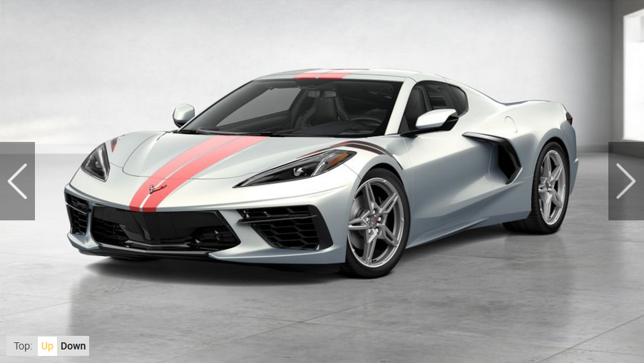 2021 Corvette in Silver Flare Metallic coupe with the Full Length Dual Racing Stripe Package, Edge Red and Fender hash marks