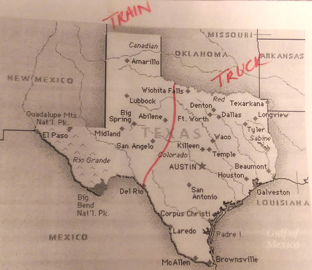 Texas Map showing rail vs. direct delivery