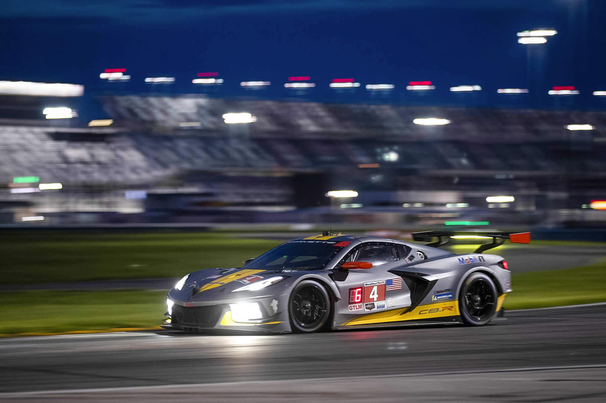 The #4 Mobil 1/SiriusXM Chevrolet Corvette C8.R driven by Oliver Gavin and Tommy Milner races to a fourth place finish in the GTLM class Saturday, October 10, 2020 during the IMSA WeatherTech SportsCar Championship at the Charlotte Motor Speedway Roval in Charlotte, North Carolina. (Photo by Richard Prince for Chevy Racing)