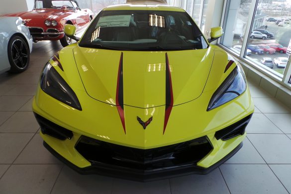 2021 Corvette in Accelerate Yellow with Edge Red - Carbon Flash Stinger Stripes