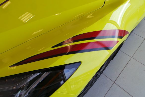 2021 Corvette in Accelerate Yellow with Edge Red - Carbon Flash Stinger Stripes