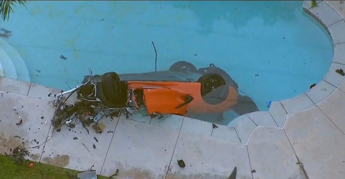 Two people were killed and one injured when the driver of a C8 Corvette Stingray plunged it into a neighborhood swimming pool in California