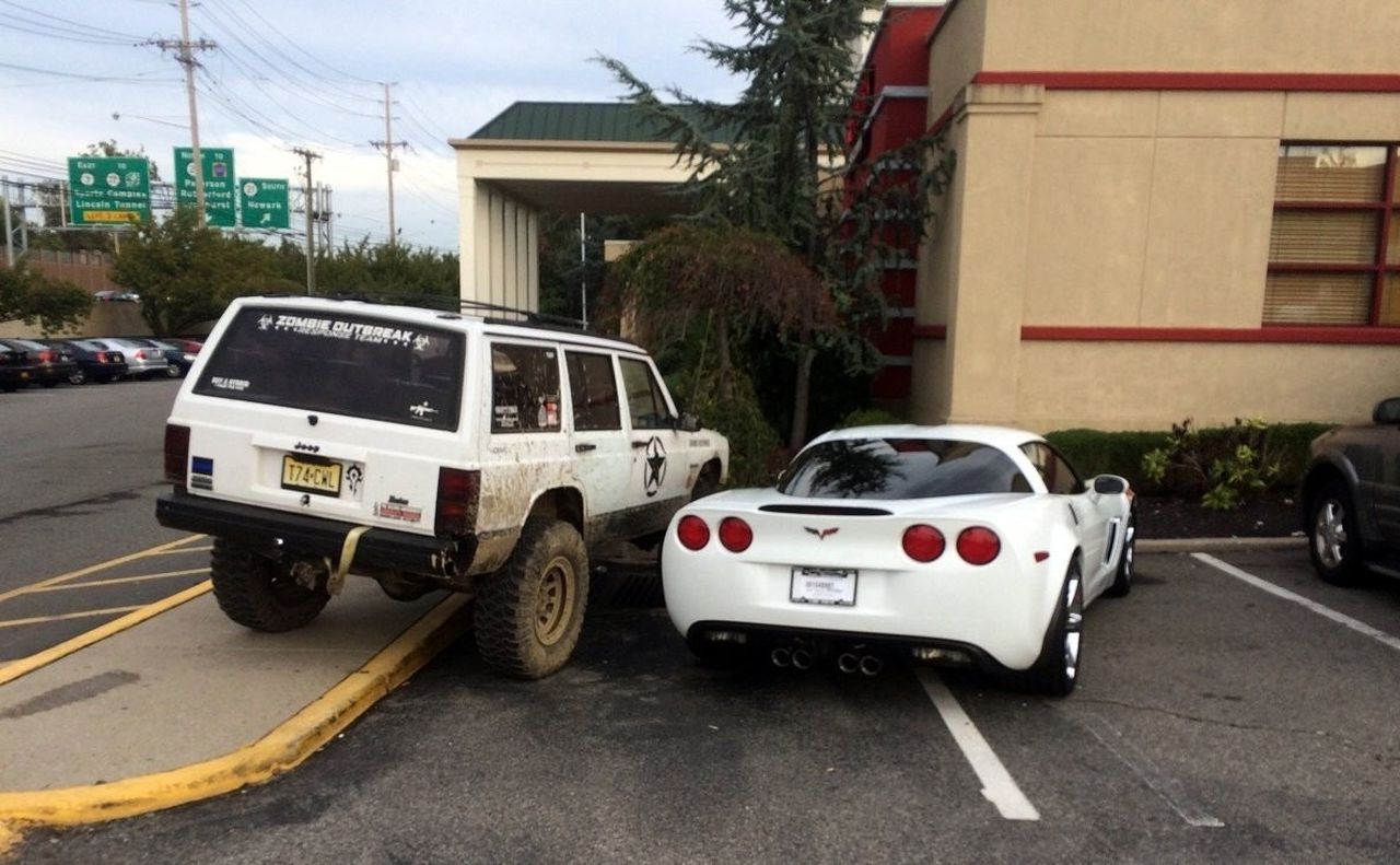 Jeep and Corvette parked in New Jersey
