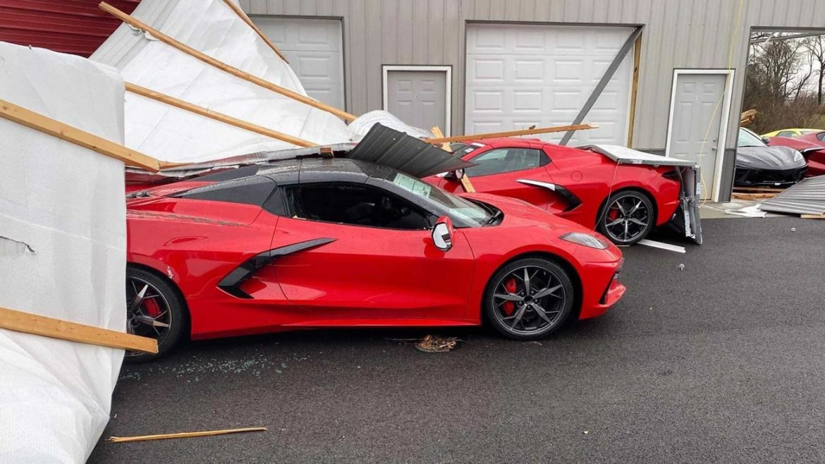 Damaged Corvettes outside of a building at the NCM Motorsports Park