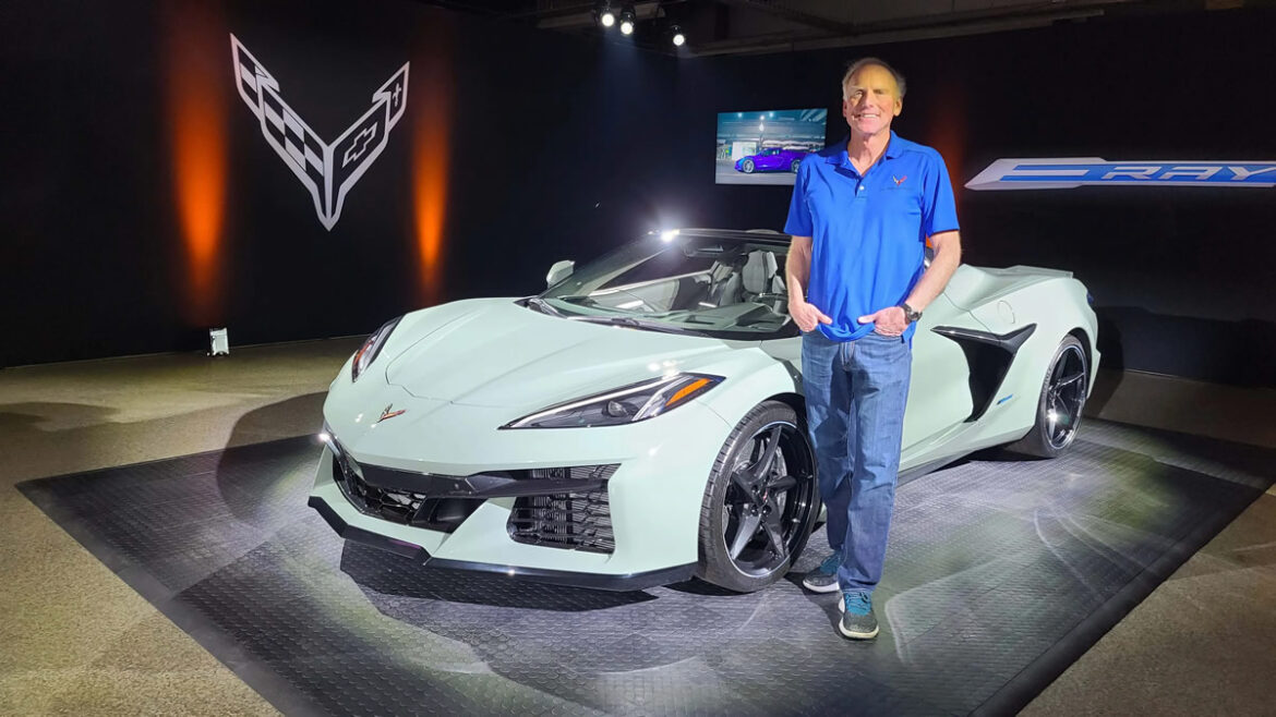 Corvette Chief Engineer, Tadge Juechter in front of the 2024 Corvette E-Ray